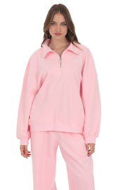 Quarter Zip-Up Jumper in Pink