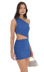 Mesh One Shoulder Cutout Dress in Blue