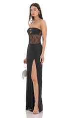 Lace Cutout Strapless Maxi Dress in Black