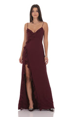 Ruffle V-Neck Maxi Dress in Burgundy