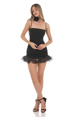 Flower Choker Square Neck Ruffle Dress in Black