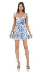 Blue Floral Fit and Flare Dress in White