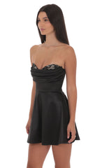 Satin Lace Bust Flare Dress in Black
