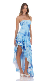 Floral Strapless Ruffle Asymmetrical Maxi Dress in Blue
