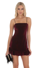 Lace Hook Velvet Ruffle Dress in Burgundy