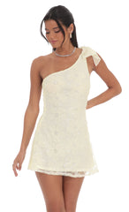 One Shoulder Sequin Floral Dress in Ivory