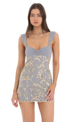 Gold Floral Embroidered Dress in Grey