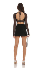 Pleated Mesh Bodycon Dress in Black