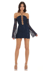 Lace Sequin Off Shoulder Dress in Navy
