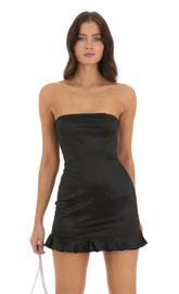 Satin Strapless Ruffle Dress in Black