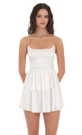 Satin Jacquard Ruffle Dress in White