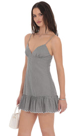 Pinstripe Scallop Ruffle Dress in Grey