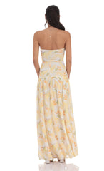 Floral Strapless Drop Waist Maxi Dress in Yellow