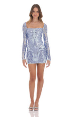 Sequin Pattern Long Sleeve Dress in Blue