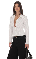 Pinstripe Ruffle Hem Button-Up Shirt in White