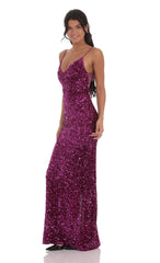 Velvet Sequin Back Bow Maxi Dress in Plum