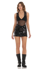 Mesh Sequin Skirt Dress in Black