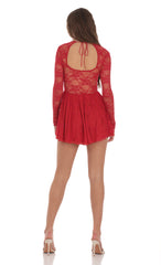 Long Sleeve Lace A-line Dress in Red