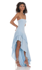 Strapless Ruffle Asymmetrical Maxi Dress in Blue