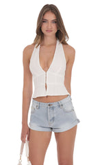 Eyelet V-Neck Halter Top in White
