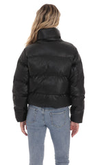 Faux Leather Puffer Jacket in Black