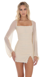 Mesh Lace Ruched Dress in Cream
