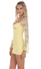 Lace Ruched Long Sleeve Dress in Yellow