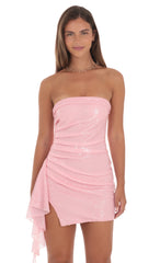 Sequin Side Ruched Strapless Dress in Pink