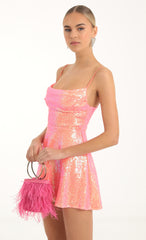 Sequin Cowl Neck Dress in Orange
