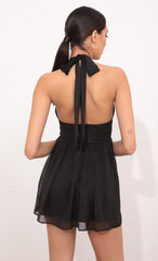 Halter Dress in Black Crinkle Chiffon