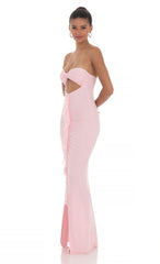 Mesh Cutout Ruffle Maxi Dress in Pink