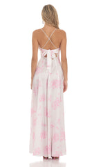 Satin Floral Maxi Dress in White