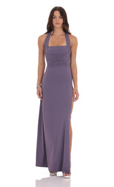 Halter Ruched Maxi Dress in Purple Smoke