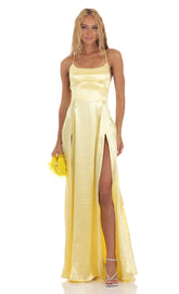 Satin Slit Maxi Dress in Yellow
