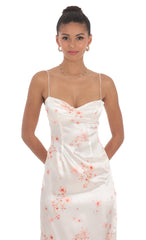 Satin Floral Cinched Maxi Dress in White