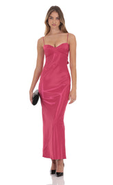 Satin Back Tie Maxi Dress in Magenta