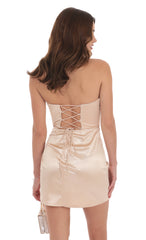 Strapless Satin Ruched Slit Dress in Champagne