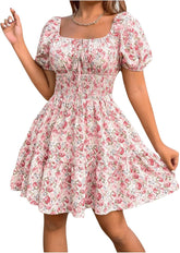 Floerns Women's Boho Square Neck Puff Short Sleeve Self Tie Front A Line Dress