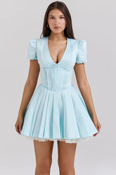 delicate blue satin pleated mini dress
