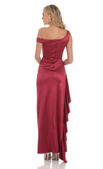 Satin Off Shoulder Maxi Dress in Maroon