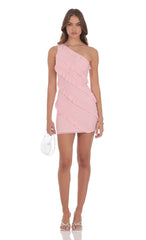 Ruffle Rhinestone One Shoulder Dress in Pink