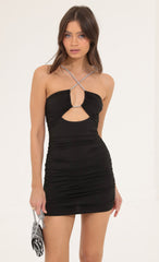 Rhinestone Ruched Bodycon Dress in Black