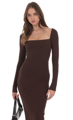 Cinch-Tie Ribbed Maxi Dress in Brown