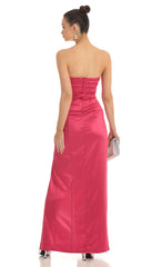 Satin Pleated Strapless Maxi Dress in Cherry