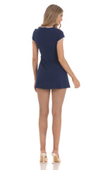 Short Sleeve Double Slit Dress in Navy