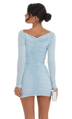 Ruched Long Sleeve Bodycon Dress in Light Blue