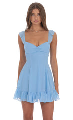 Ruffle Strap Fit and Flare Dress in Light Blue