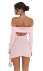 Ribbed Off Shoulder Open Back Dress in Pink