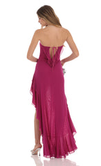 Strapless Mesh High Low Dress in Magenta