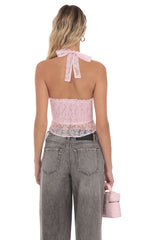 Motif V-Neck Halter Top in Pink